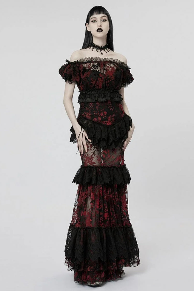 Off Shoulder Ruffle Stitching Lace Sheer Womens Gothic T-Shirt 2 Colors - Product - 8