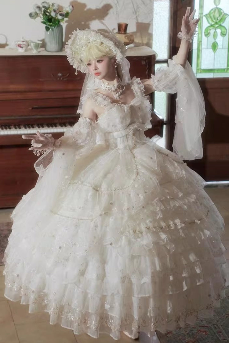 White [Dreamy Waltz] Sleeveless Multi-Layered Ruffled Hanayome Bow Lace Chiffon Gothic Gorgeous Lolita Jsk Dress - Product - 4