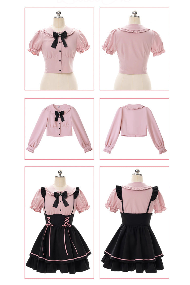 Black/Pink First Sakura Short Sleeves Multi-layer Lace-Up Sweet Jirai Kei Japanese Set - Product - 11
