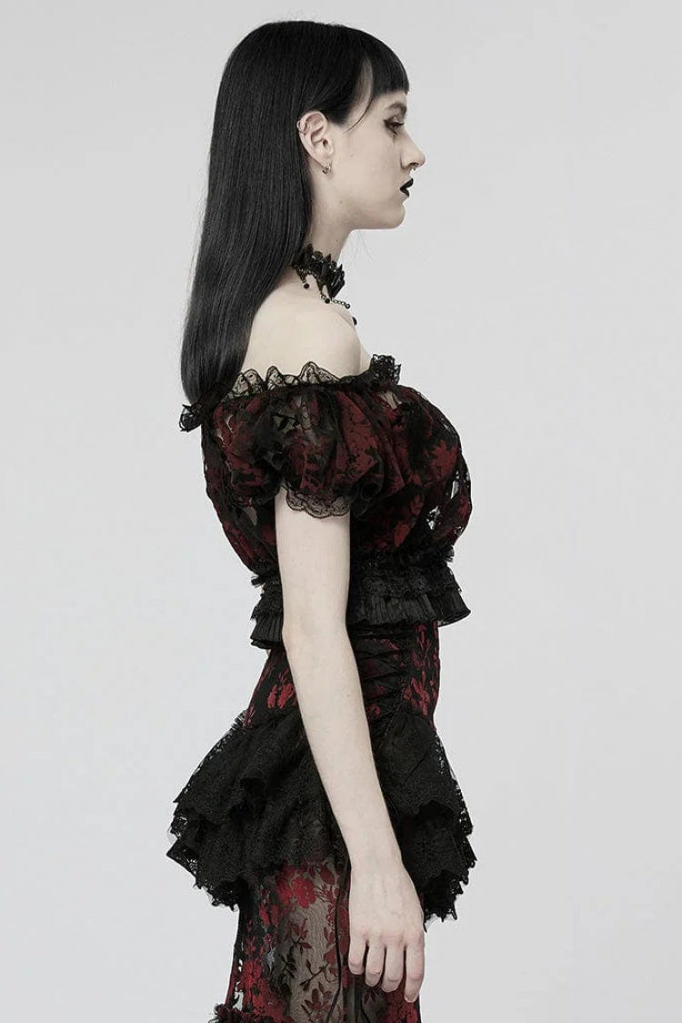 オフショルダー フリル 切り替え レース Sheer レディース ゴシック T-シャツ 2色 商品画像