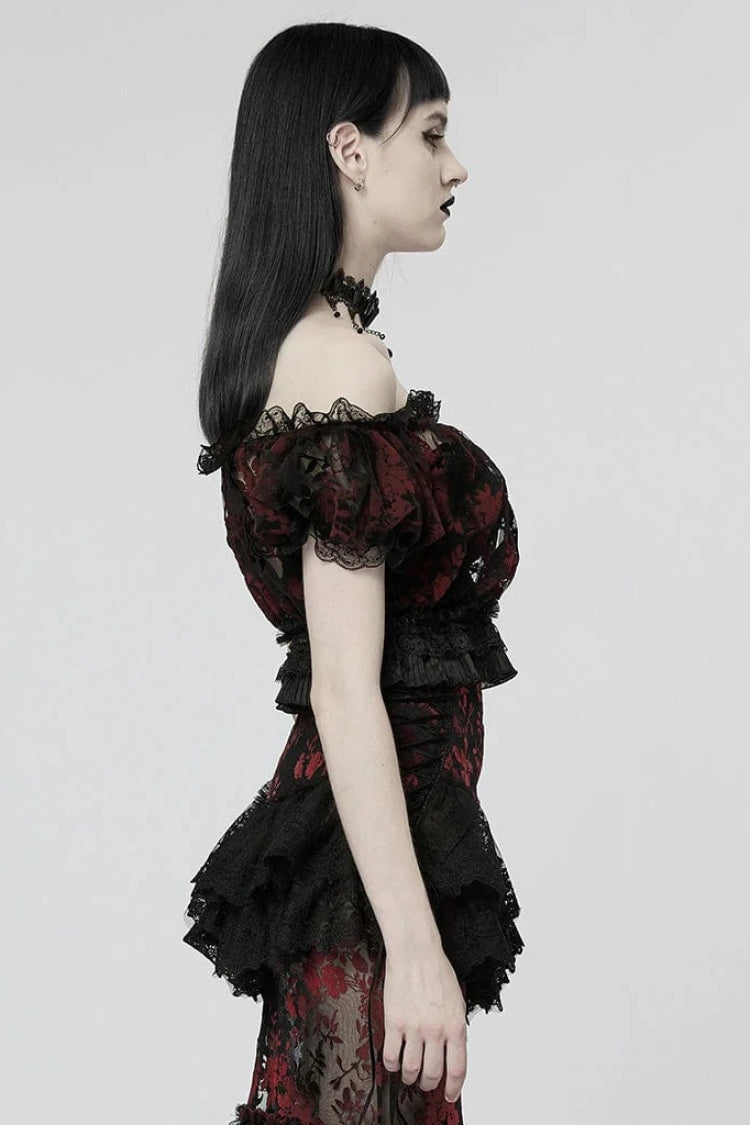 Off Shoulder Ruffle Stitching Lace Sheer Womens Gothic T-Shirt 2 Colors - Product - 6