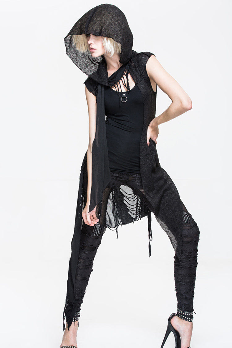 Black Asymmetrical Hole Wool Knit Women's Punk Hooded Shawl - Product - 4