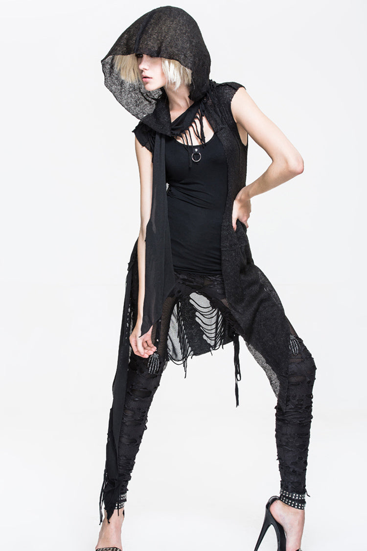 Black Asymmetrical Hole Wool Knit Women's Punk Hooded Shawl - Product - 4