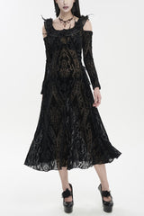Black Off Shoulder Ruffled Flocked Print Long Women's Gothic Dress - Black - 1