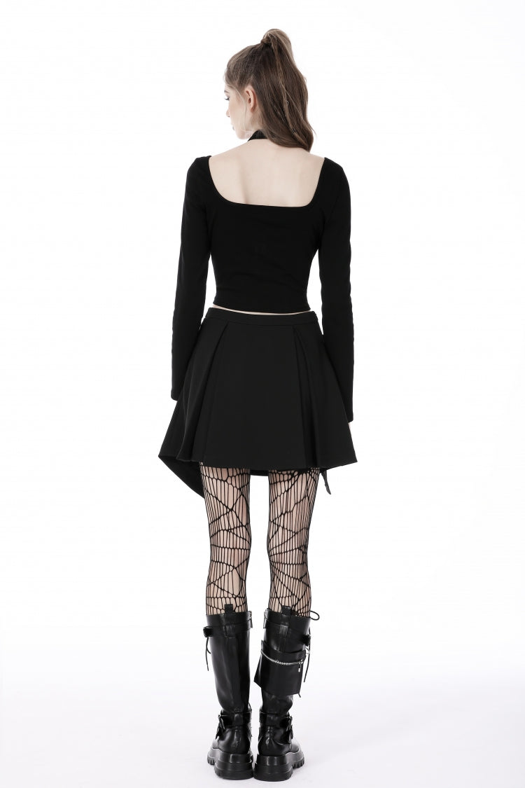 Black Halterneck Long Sleeves Eyelet Mesh Splice Women's Punk Crop Top - Product - 4