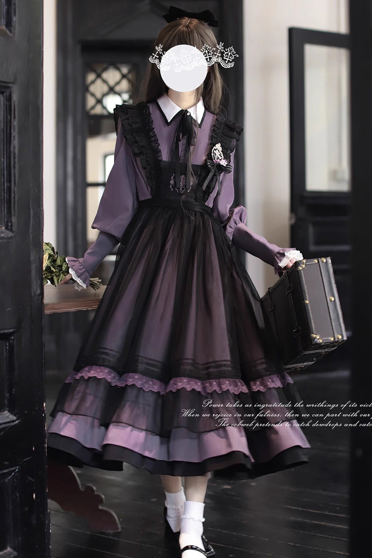 Black [Witch Academy] Double-Layered Ruffle Embroidery Bowknot Mesh Sweet Elegant Lolita Jumper Dress - Product - 7
