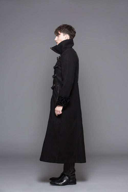 Black Detachable One Sided Shawl Double Sided Woollen Thick Mens Punk Long Coat - Product - 7