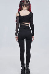 Black Gothic Off-The-Shoulder Asymmetrical Design Small Skull Decoration Long Sleeve Women's Shirt - Product - 8