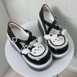 Cat Design Ruffled Cross Strap Round-Toe Daily Sweet Lolita Platform Shoes 4 Colors - Black - 5
