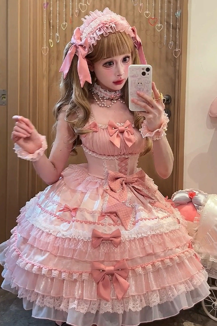 Pink [Little Lovetine] Multi-Layered Ruffle Bowknot Lace Sweet Gorgeous Lolita Jsk Dress - Product - 12