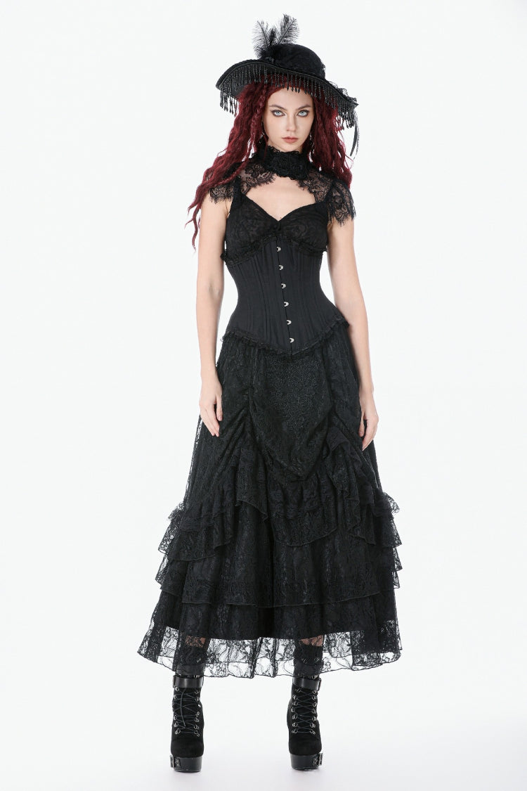 Black Sleeveless Lace Irregular Lace-Up Women's Gothic Underbust Corset - Product - 9