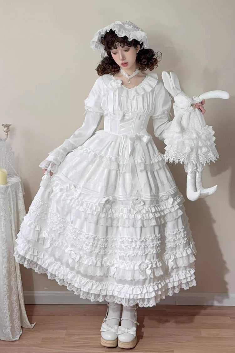 White [Layered Buttercream Frosting] Short Sleeves Ruffle Bowknot Lace Sweet Lolita Dress - Product - 5