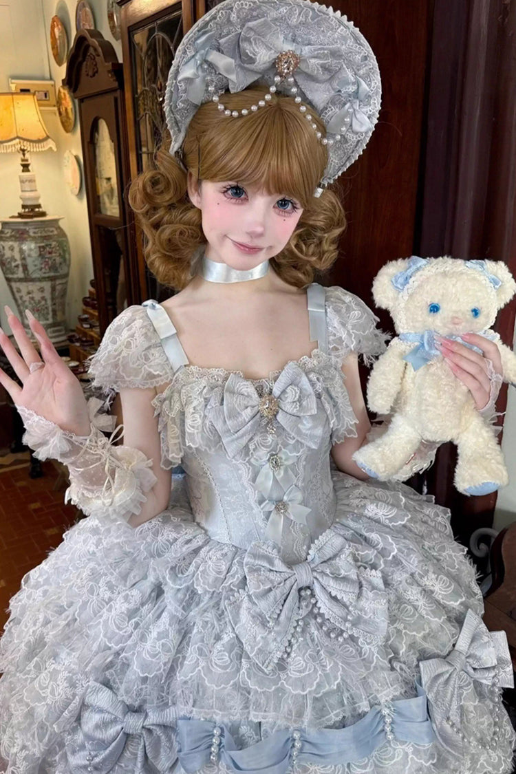 Blue [Cloudborne Snowfeather] Sleeveless Multi-Layered Hanayome Bowknot Pearl Gothic Lolita Jsk Dress - Product - 3