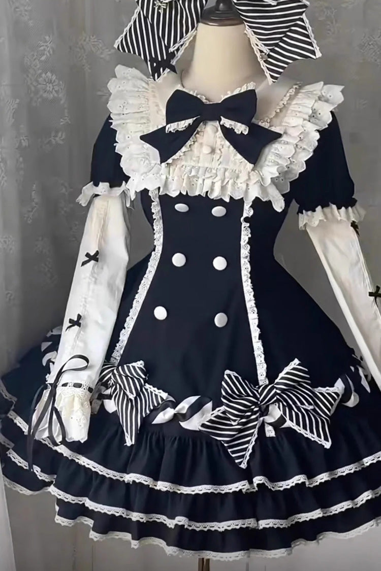 Black [Striped Layered] Short Sleeves Multi-Layered Ruffle Bowknot Sweet Princess Lolita Tiered Dress - Product - 3