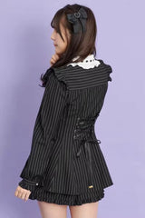 Black Vertical Stripes Print Japanese Long Sleeves Sweet Jirai Kei Dress Shorts Set - Product - 3