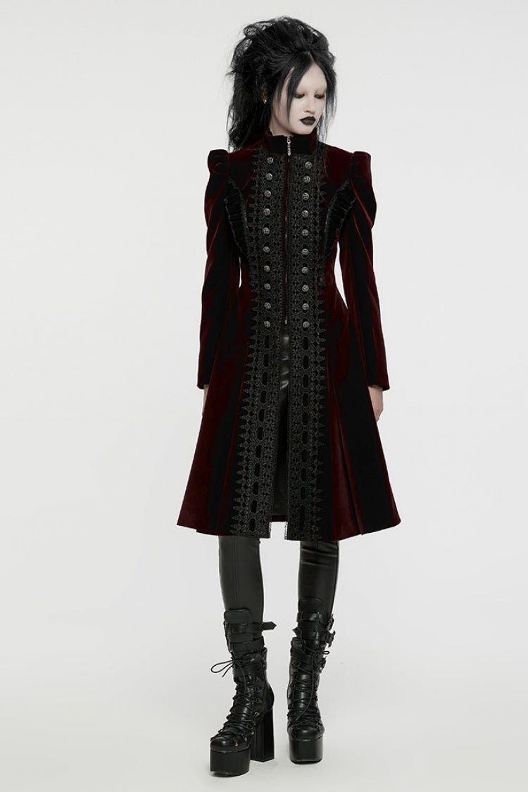 Black/Red Long Puff Sleeves Floral Embroidery Women's Gothic Coat - Product - 4