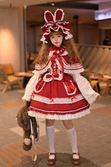 Red [Bobo Bunny Doll] Printed Ruffled Bow Lace-Up Sweet Lolita Jsk Dress 2 Colors - Red - 1