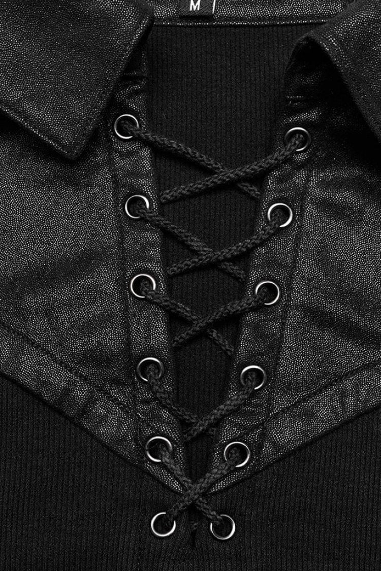Black Lapel Collar Long Sleeves Stitching Mens Steampunk T-Shirt - Product - 6