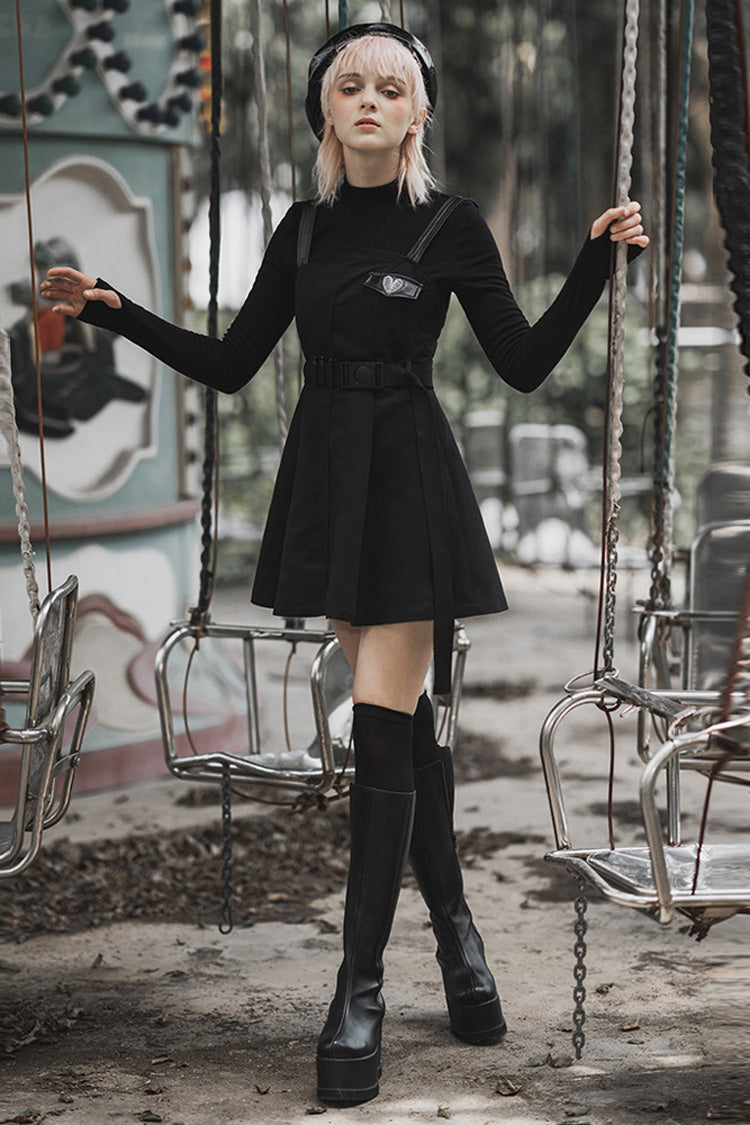 Black High Waist Belted PU Leather Strap Irregular Women's Steam Punk Dress - Product - 4