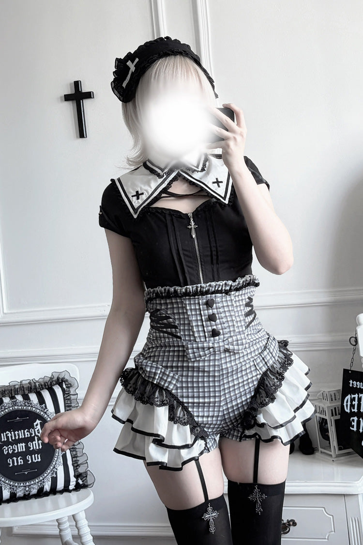 Jirai Kei Lapel Collar Short Sleeves Printed Ruffled Cut-Out Lace Sweet Japanese Knight Shorts Set 2 Colors - Black(Set) - 13