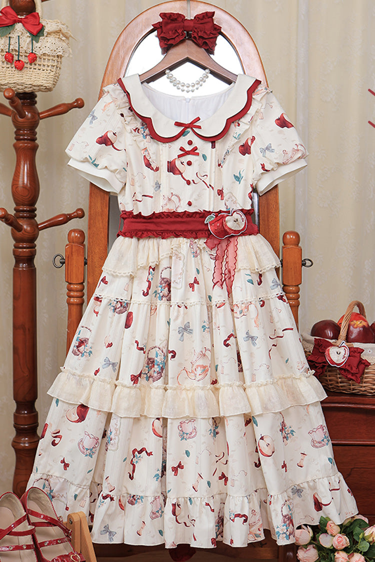 White Apple Tea Print Short Sleeves Country Style Ruffle Bowknot Sweet Lolita Dress (Plus Size Version) - Product - 3