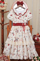 White Apple Tea Print Short Sleeves Country Style Ruffle Bowknot Sweet Lolita Dress (Plus Size Version) - Product - 3