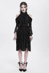 Black Off Shoulder Drawstring Jacquard Embroidery Women's Gothic Party Dress - Product - 2