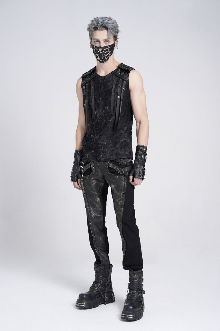 Black Sleeveless Eyelet Strap Distressed Men's Gothic Vest - Product - 9
