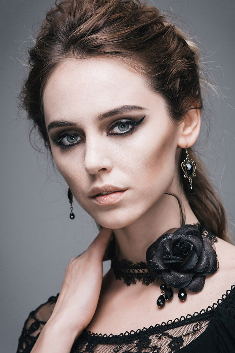 Black Shining Lace Rose Beads Chain Women's Gothic Choker - Product - 2