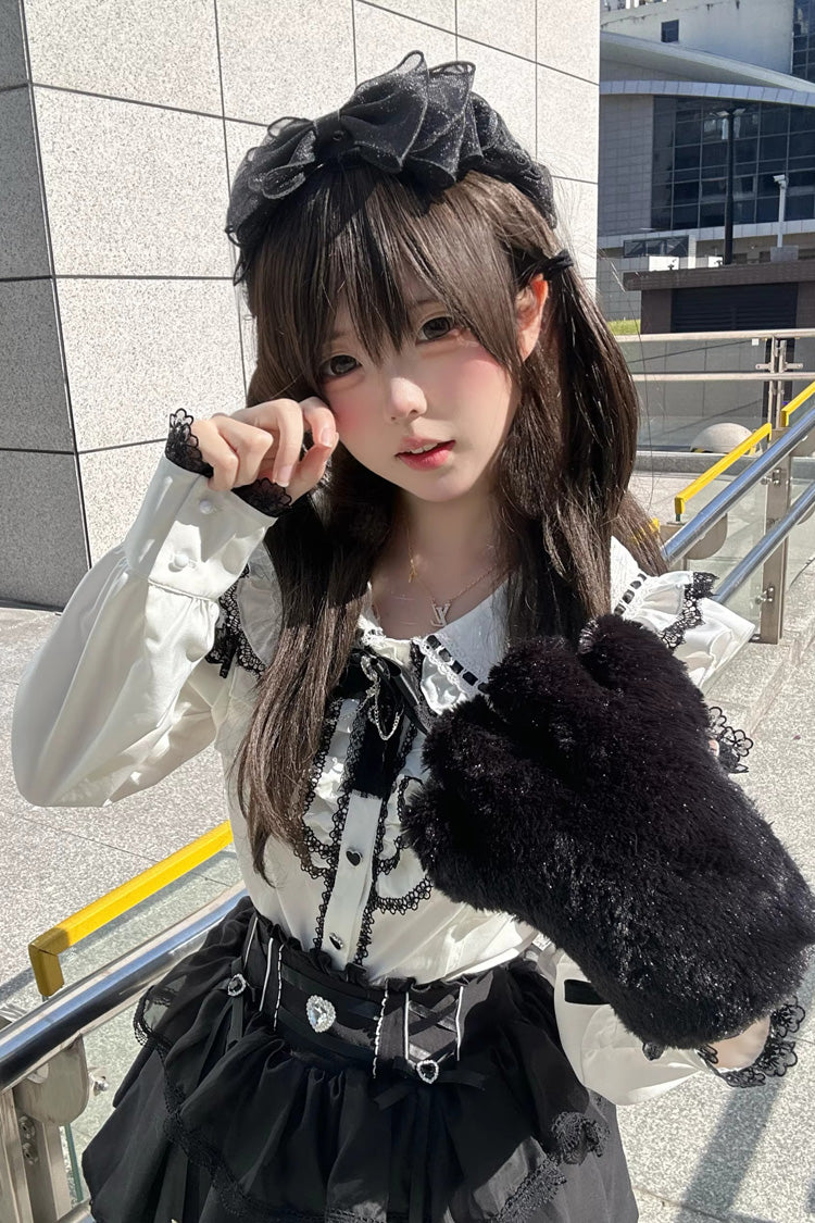 Black/White Doll Collar Long Sleeves Ruffled Bow Sweet Jirai Kei Skirt Set - Product - 5
