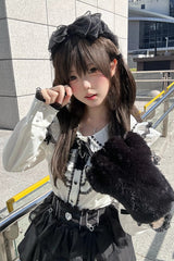 Black/White Doll Collar Long Sleeves Ruffled Bow Sweet Jirai Kei Skirt Set - Product - 5