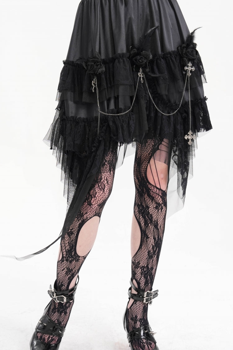 Black Cross Chain Ruffle Lace Irregular Hem Women's Gothic Skirt - Black - 1