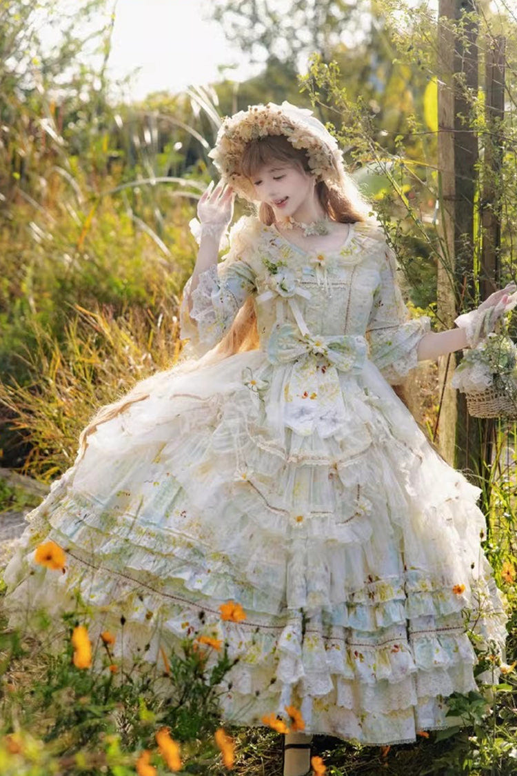 Green [Little Daisy] Lapel Collar Half Sleeves Multi-Layered Printed Bow Lace Princess Gorgeous Plus Size Sweet Lolita Dress - Product - 6