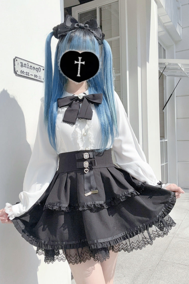 Rabbit Ears Long Sleeves Bowknot Lace Sweet Jirai Kei Japanese Blouse 3 Colors - Black - 5