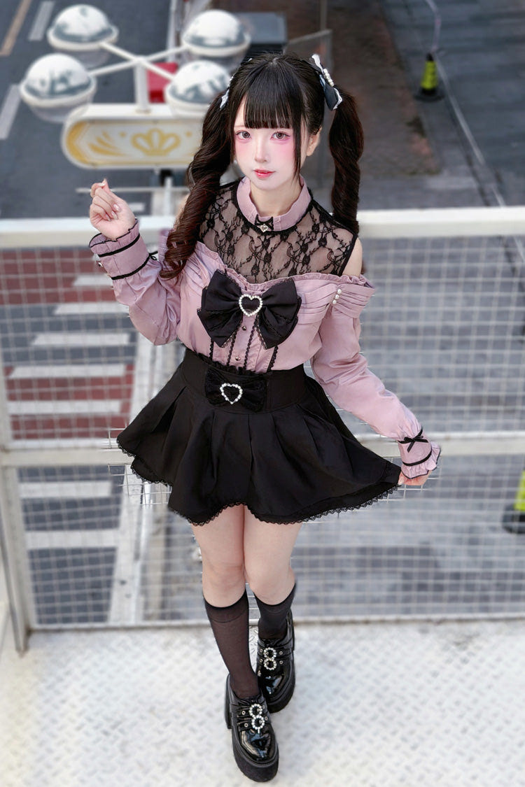 [Frosted Pearl Princess] Round Collar Off Shoulder Long Sleeves Bow Lace Sweet Jirai Kei Japanese Skirt Set 2 Colors - Product - 4