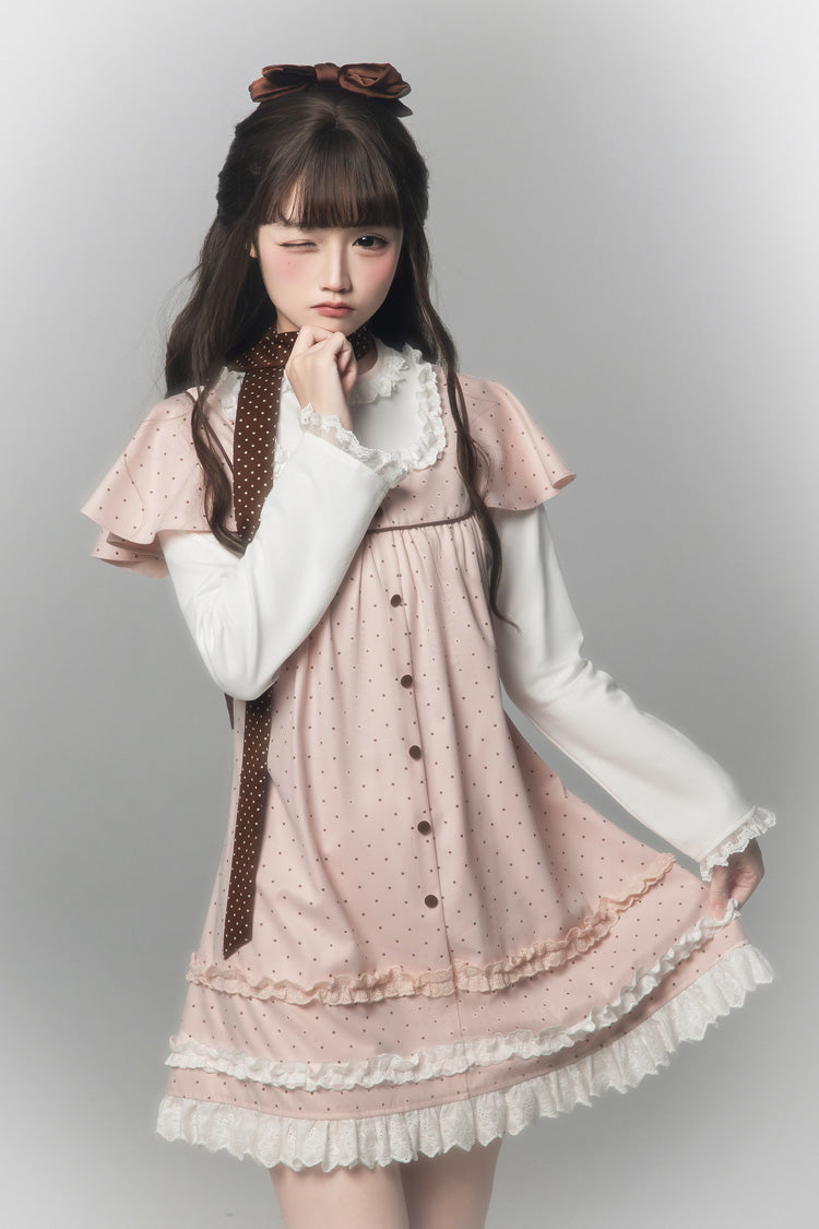 Pink [Polka Dot Bouclé] Round Collar Long Sleeves Printed Ruffled Faux Two-Piece Sweet Japanese Lolita Dress - Pink - 1