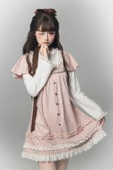 Pink [Polka Dot Bouclé] Round Collar Long Sleeves Printed Ruffled Faux Two-Piece Sweet Japanese Lolita Dress - Pink - 1