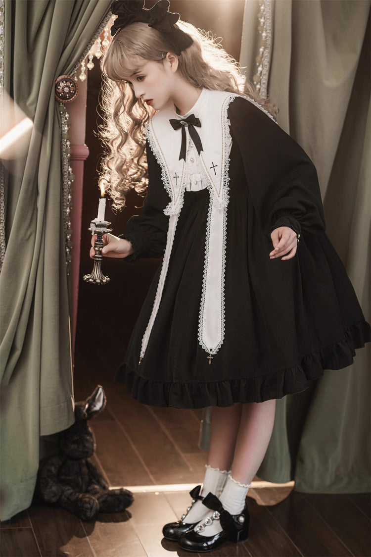 Black Long Sleeves Ruffle Bowknot Classic Gothic Elegant Nun Lolita Dress - Product - 10