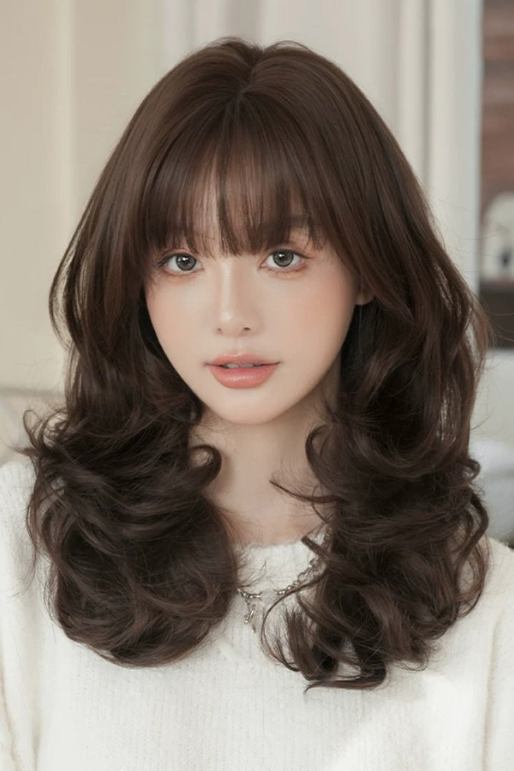 Black Brown Full Air Bangs Multi-Layered Sweet Daily Lolita Length Wig - Black-Brown - 1