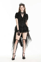Black Multi-Layered Deep V Collar Pleated Short Puff Sleeves Lace-Up Gothic Blouse - Product - 8