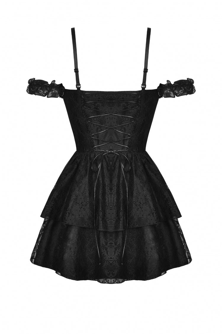 Dark Red Off Shoulder Lace-Up Double-Layered Floral Lace Women's Gothic Sexy Slip Dress - Product - 15