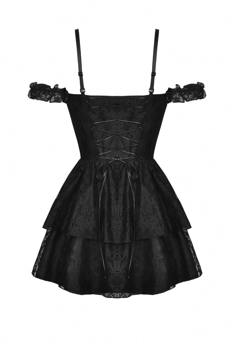 Dark Red Off Shoulder Lace-Up Double-Layered Floral Lace Women's Gothic Sexy Slip Dress - Product - 15