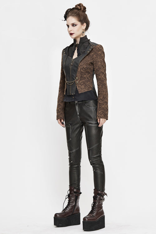 Brown Jacquard Slim Print Short Womens Punk Jacket - Product - 2