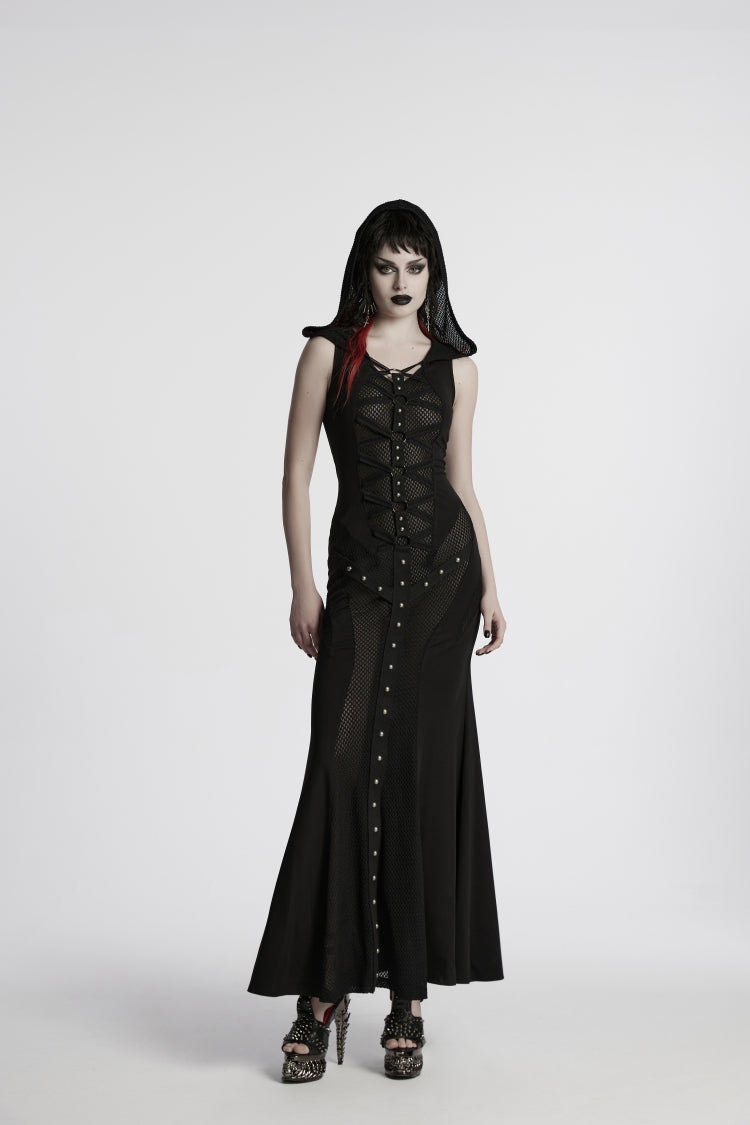 Black Off Shoulder Sleeveless Spliced Lace-Up Slim Mesh Studded Eyelet Women's Punk Dress - Product - 4
