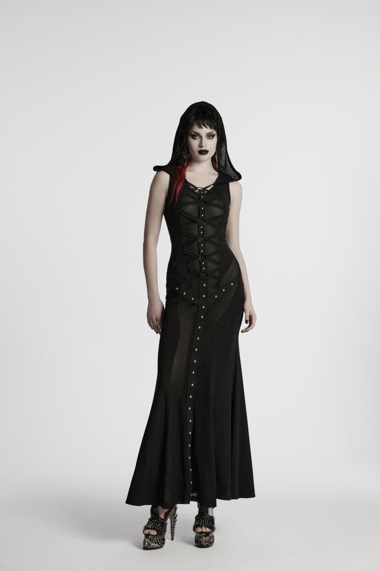 Black Off Shoulder Sleeveless Spliced Lace-Up Slim Mesh Studded Eyelet Women's Punk Dress - Product - 4