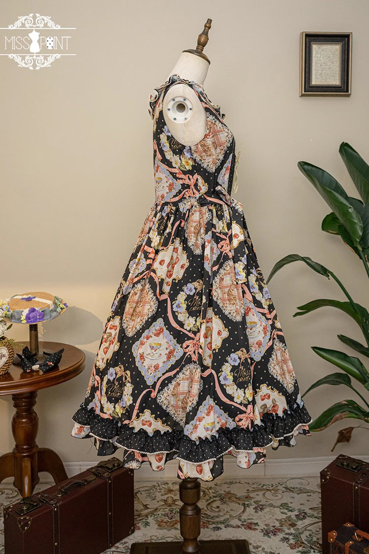 Cat Rose Tea Sleeveless Print Ruffle Bowknot Sweet Lolita Jumper Dress 3 Colors - Product - 19