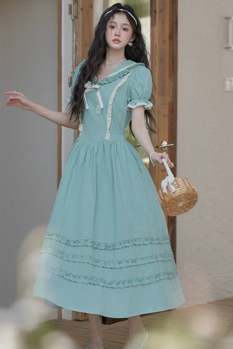 Lake Blue V Collar Short Puff Sleeves Ruffled Lace Sweet College Style Lolita Dress - Product - 13