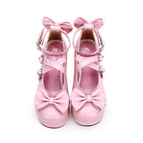 Cute Round Toe Shallow Mouth Bowknot Middle Heels Lolita Shoes - Product - 5