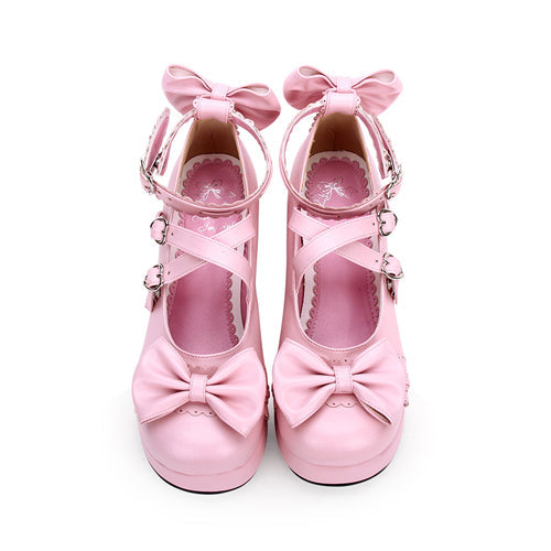 Cute Round Toe Shallow Mouth Bowknot Middle Heels Lolita Shoes - Product - 5