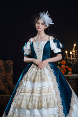 Blue/Apricot Off Shoulder Short Sleeves Ruffle Cardigan Bowknot Lace Classic Princess Palace Lolita Victorian Dress - Product - 6